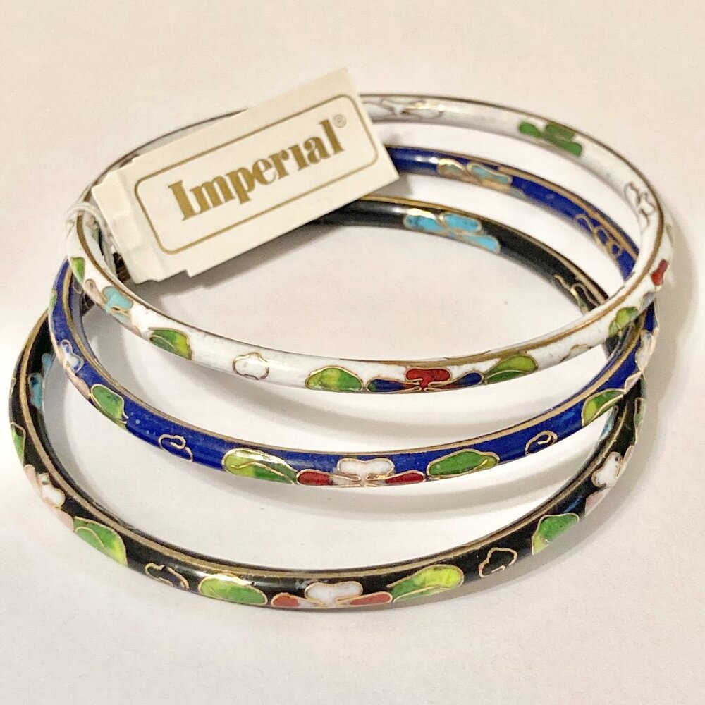 3 Vintage Chinese Cloisonne Bangle Bracelet Blue Black White Enamel Flowers 8"